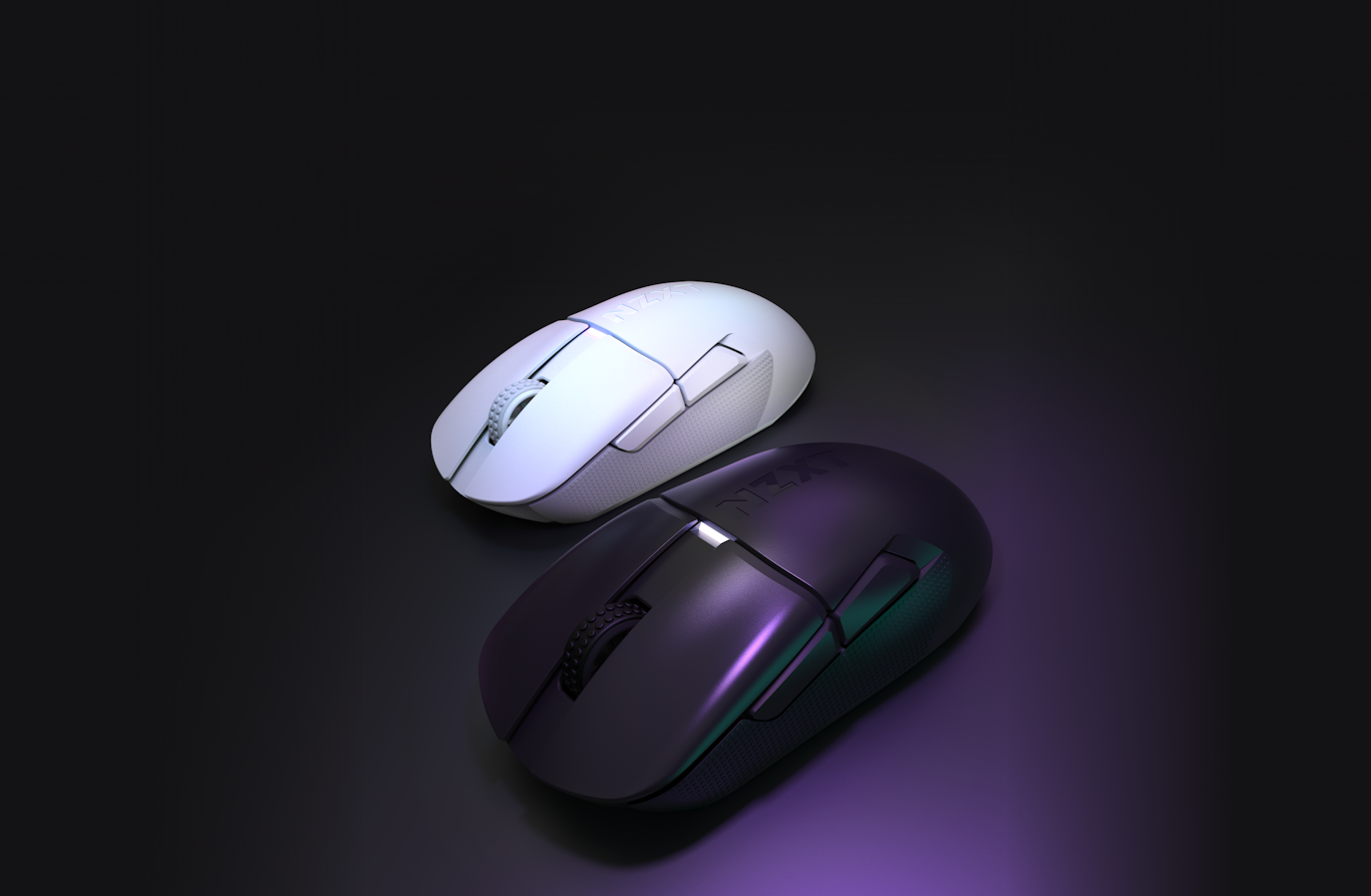 Black and White Lift Elite Wireless Mice on a black background with purple gradient highlight